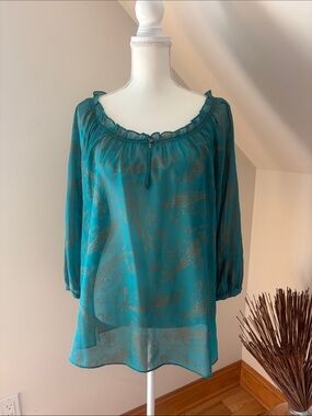 Chaps Teal Paisley Peasant Blouse SZ XL